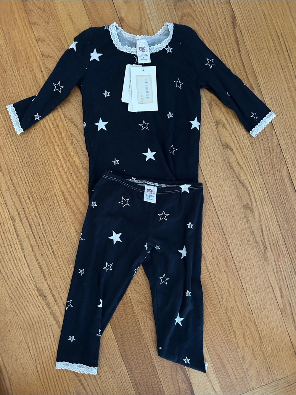 NWT Esme Navy Star Lace-Trim Kids Pajama Set